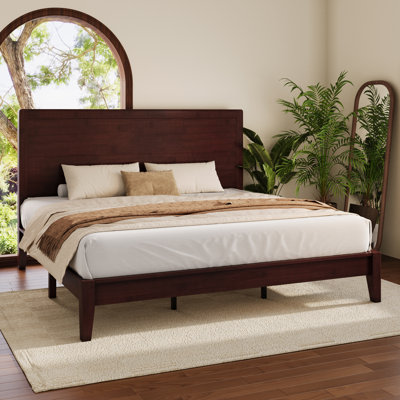 Handcrafted Japanese Joinery Solid Wood Platform Bed Frame with Headboard and Wooden Slats