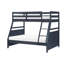 Lit superposé simple au-dessus d'un lit double avec finition bleu marine, garde-corps et support à lattes, cadre d'accessoires de chambre à coucher contemporain, économiseur d'espace-129943874-129943875