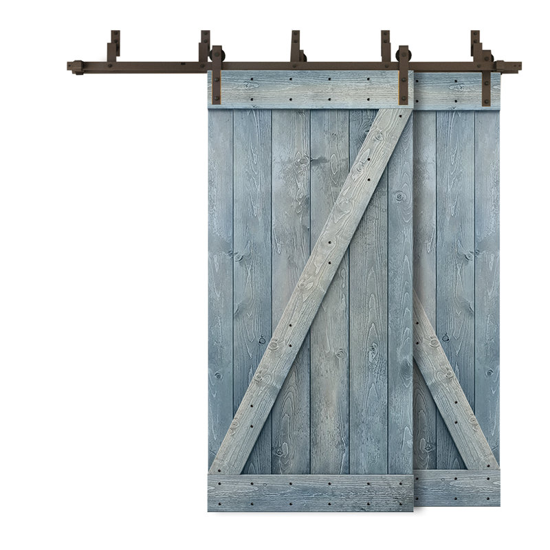 Denim Blue Knotty Pine Double Sliding Barn Door with Oil-Rubbed Bronze Hardware