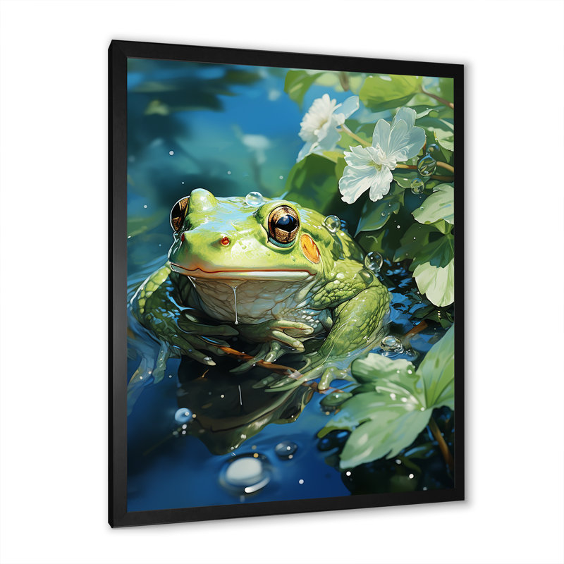 «Cute Frog Portrait at the Pond IV», reproduction sur toile, Cadre simple noir, H 32 po x l 16 po x P 1 po