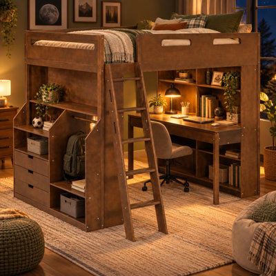 Lit mezzanine en bois avec bureau Benedict, armoire, 3 tiroirs, tablettes de rangement et échelle en angle, aucun sommier nécessaire