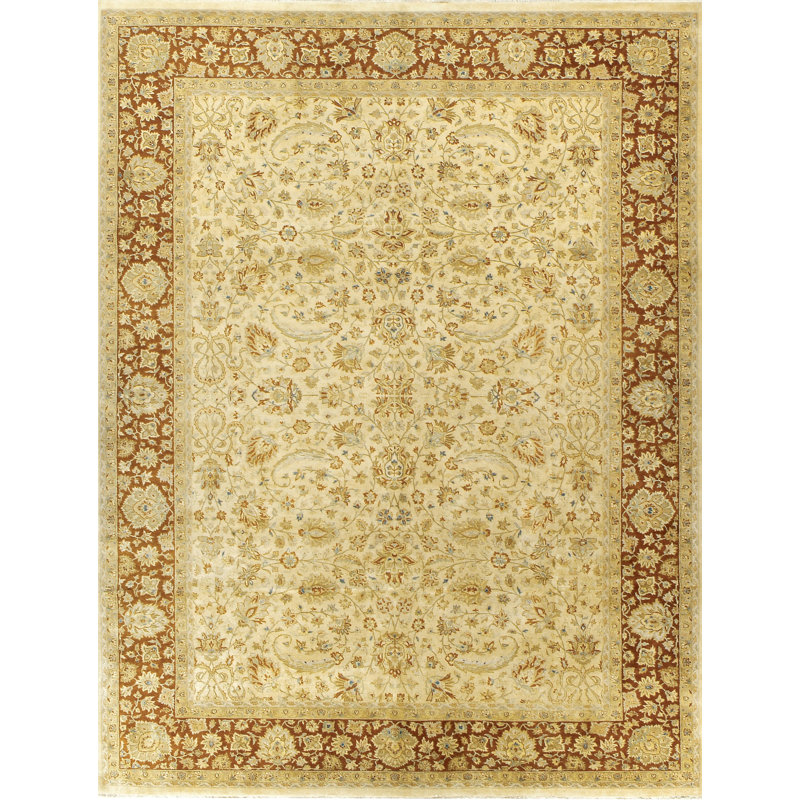 Tapis oriental rectangulaire en laine noué à la main de couleur rouille / crème, Rectangle 8 pi x 10 pi