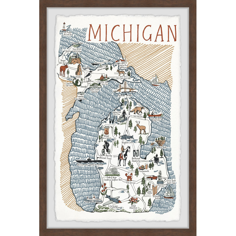 «Michigan Illustrated Map», reproduction d'art sur papier, H 30 po x l 20 po x P 1,5 po