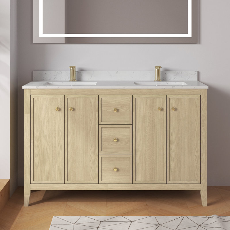 Meuble-lavabo double 54 po Aura avec plateau et dosseret en marbre d'ingénierie Aura, Wheat Oak, 54"