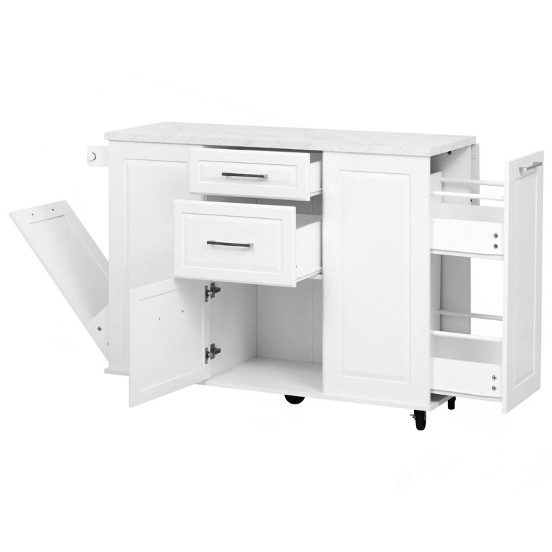 Îlot de cuisine 50,7 po avec 5 roulettes, abattant, 2 tiroirs, armoire de rangement et poubelle coulissante, White