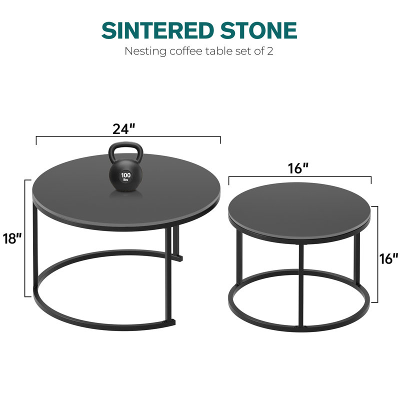 Sintered Stone Top Nesting Coffee Table Set, Black, 18" H x 24" L x 24" W