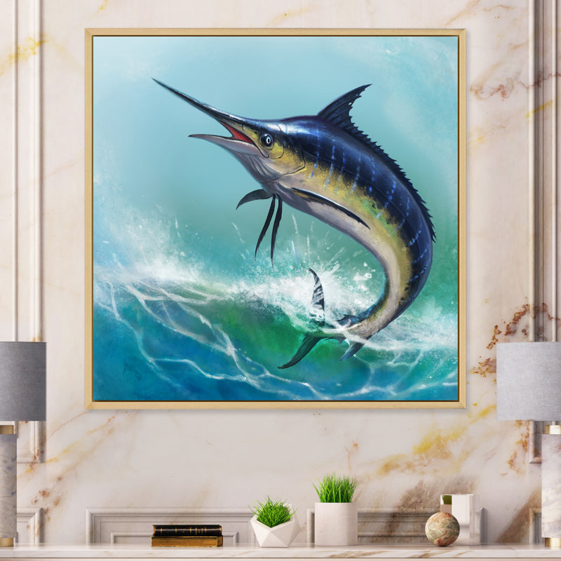 Marlin bleu dans l'océan - Peinture, H 30 po x l 30 po, Cadre flottant brun