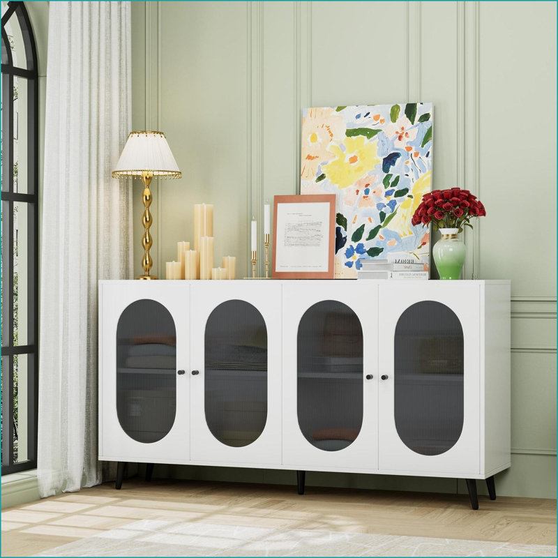 Buffet | Rangement blanc moderne 60 po avec 4 portes en acrylique | Panneau de fibres à densité moyenne | Tablettes réglables
