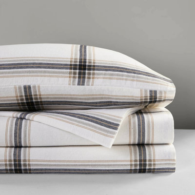 4 Pcs Full Sheet 100% Cotton Flannel Twin/Full Fitted Fits 12" Mattresses Tan Plaid Queen/King/ King 14" Soft Velvet Feel With 1 Flat 2 Pillowcases Fully Elasticized Machine Washable - No Chemicals