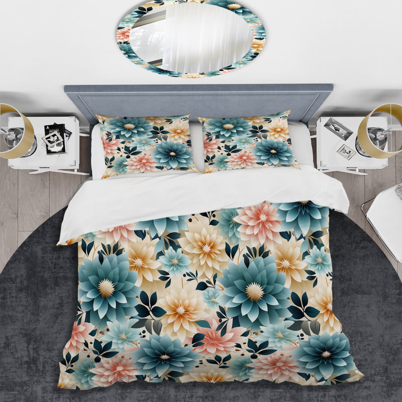 Blue And Pink Serene Conformation Floral Elegance - Ensemble de housse de couette à motif floral