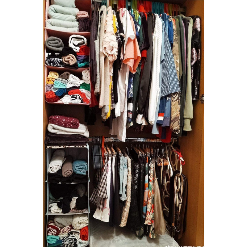 Hanging Closet Organizer For Clothes Sweaters Advanced Cloth 4 Shelves Hanging Wardrobe Storage Shelves, Beige Check Washable(31.5 Inch)