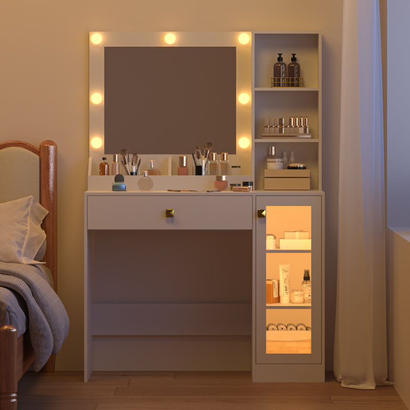 Petite coiffeuse avec miroir et lumières, Blanc