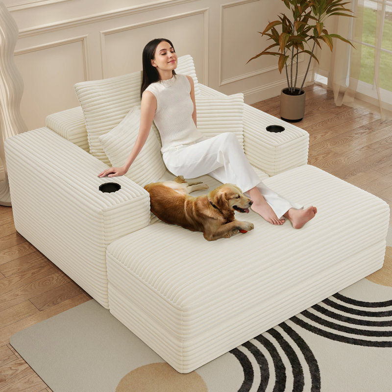 Méridienne surdimensionnée en velours côtelé 52 po avec méridienne et coussins, Velours côtelé beige