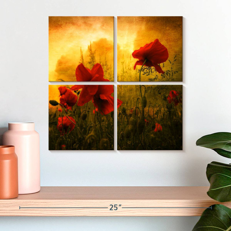 Coquelicots rouges au coucher du soleil, H 18 po x l 18 po