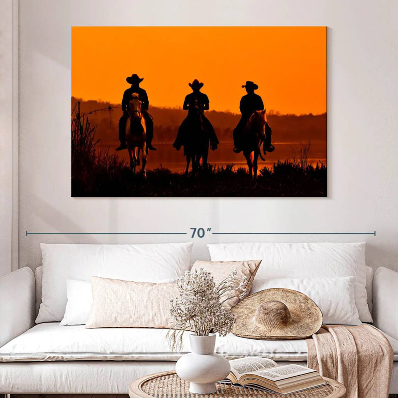 Cowboys au coucher du soleil, H 34 po x l 51 po