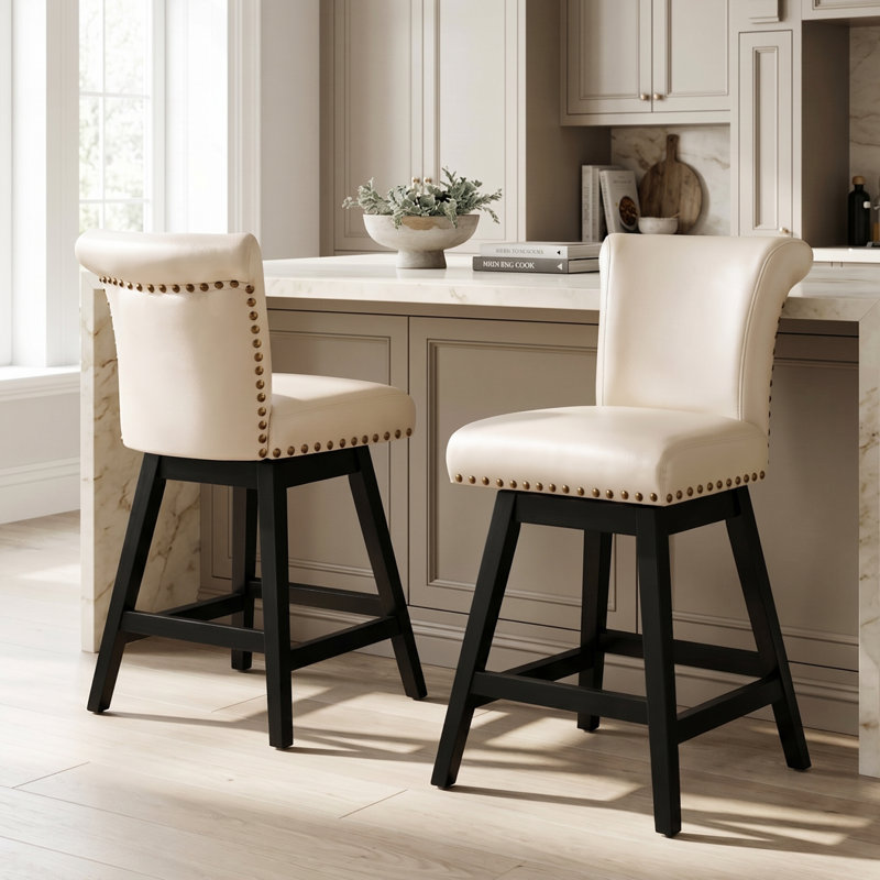 Ensemble de 3 tabourets de bar pivotants en cuir de polyuréthane moderne de 26 po avec pieds en bois massif et dossier haut pour îlot de cuisine