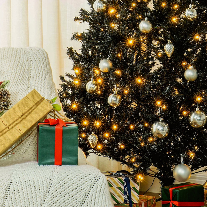 Sapin de Noël artificiel 7,5 pi avec branches réalistes, 500 lumières DEL blanc chaud et 1346 pointes, noir, Noir