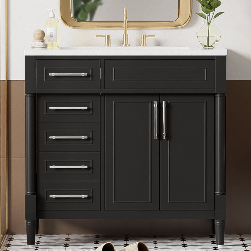 Meuble-lavabo de 36 po avec lavabo en résine supérieur, armoire de rangement autoportante avec 2 tiroirs et un tiroir basculant, ensemble de meuble-lavabo avec cadre en bois massif, tablette à hauteur réglable
