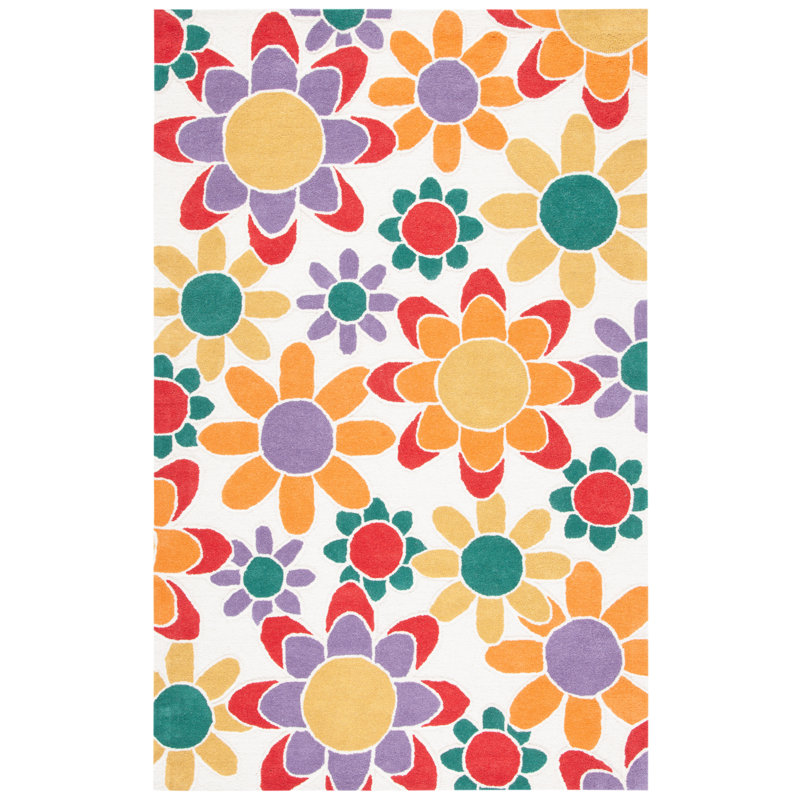 Tapis rouge / orange / vert en laine touffeté à la main Asfrith, Rectangle 4 pi x 6 pi
