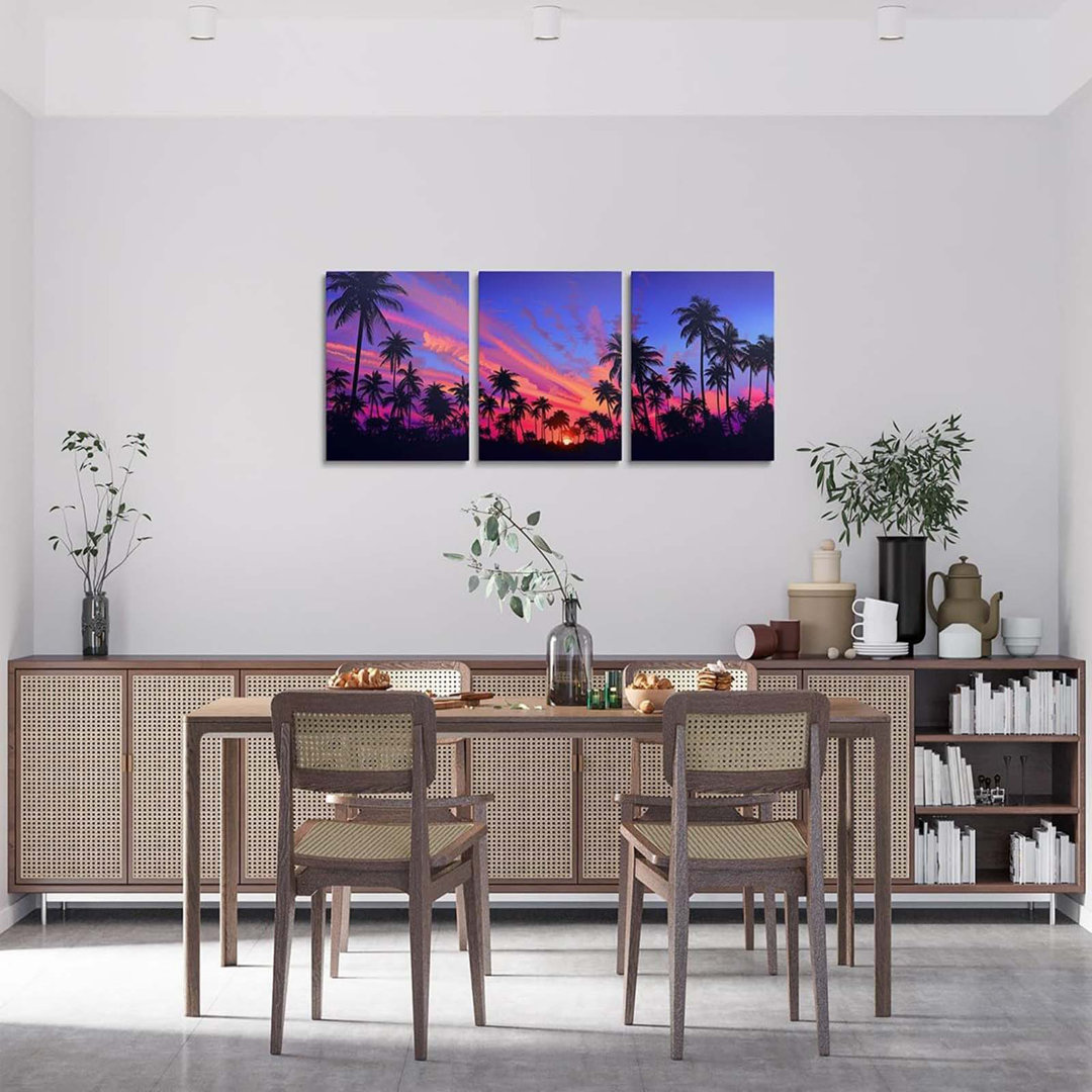 Tropical Palm Trees Canvas Wall Art Set Of 3,Summer Seaside Hawaii Style Aesthetic Wall Hangings For Living Room,Watercolor Pink Purple Sunset Sky Pai