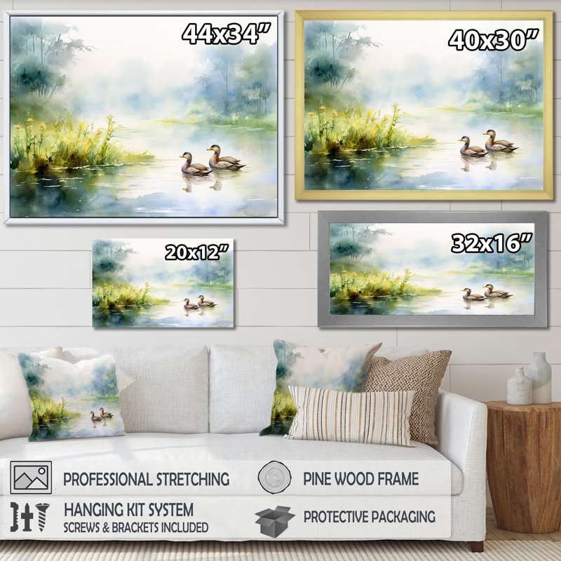 Canards qui nagent à l'aquarelle d'un étang printanier, H 30 po x l 40 po x P 1,5 po, Toile tendue