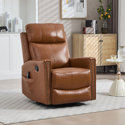 30.5 "W Manual Genuine Leather Swivel Rocker Recliner Vintage Recliner With Heated Massage