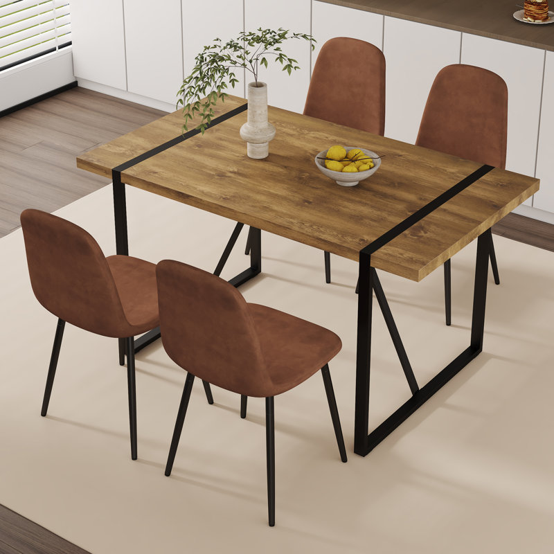 5-Piece Modern Rectangular Wood Dining Set with Geometric Metal Base and Upholstered Chairs, Brown, 5