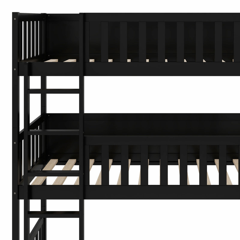 Triple Wood Bunk Bed, With Ladders, Guardrails, Black