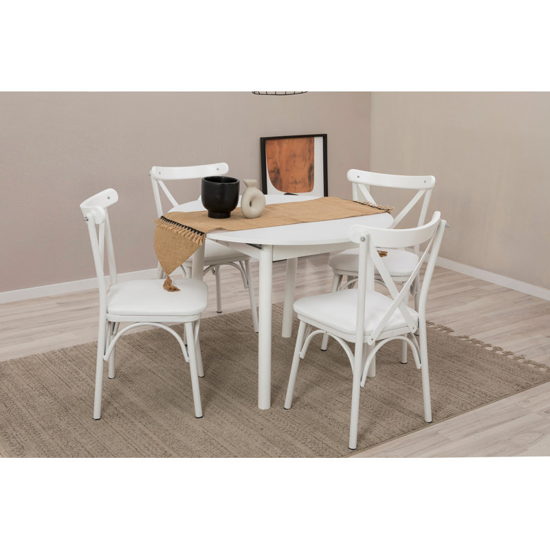 Ensemble de table et chaises de salle à manger extensible D urguard (5 pièces), Blanc, Blanc, Blanc