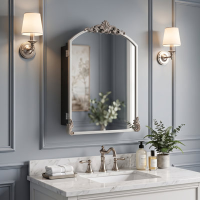 26" X 20" Arched Baroque Metal Medicine Cabinet with Mirror and Removable Ornaments