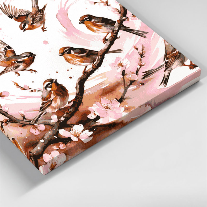Oiseau, moineau, toile blanche, H 24 po x l 36 po