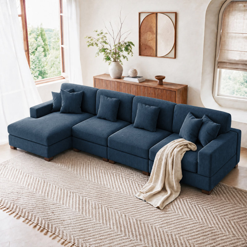 Canapé modulaire en velours côtelé 4 pièces-R, Velours côtelé bleu marine, H 33,2 po x l 150,8 po x P 63 po