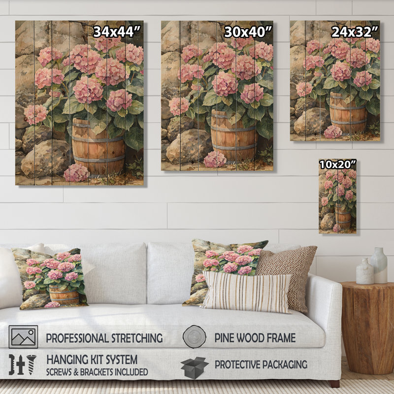Hortensias dans le jardin de légumes - Art mural en bois d'hortensias - sur bois de pin naturel
