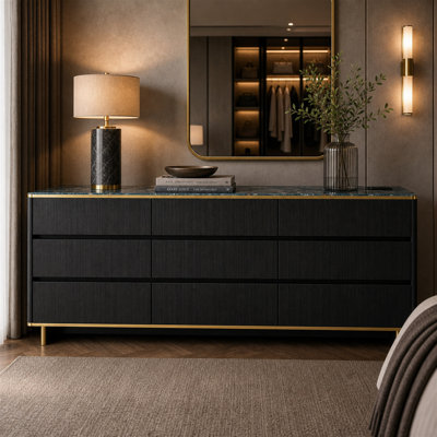 Adlington 63'' 9-Drawer Dresser With High-Gloss Marble-Look UV Top, Bluetooth LED Lighting