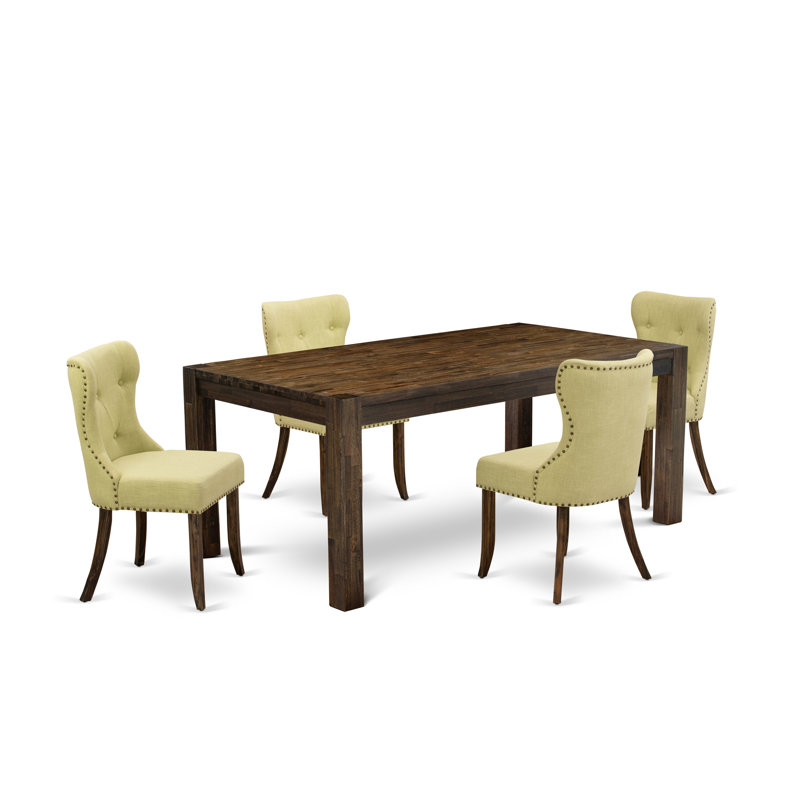 5 Piece Dinette Set for 4 Includes a Rectangle Rustic Wood Dining Room Table and 4 Limelight Linen Fabric Parsons Dining Chairs, Distressed Jacobean