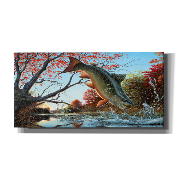 Splash of Color - Brook Trout On Canvas by Mark Mueller Wildlife Art Print Loon Peak Size: 26 H x 34 W x 1.5 D