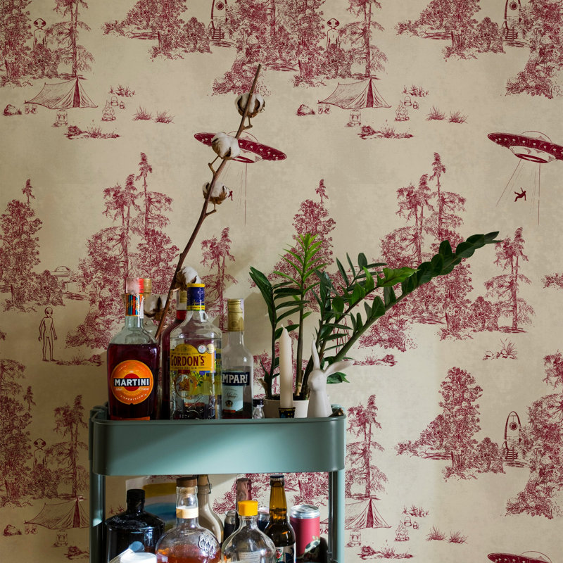 Alien Abduction Toile de Jouy Wallpaper in Black, Red