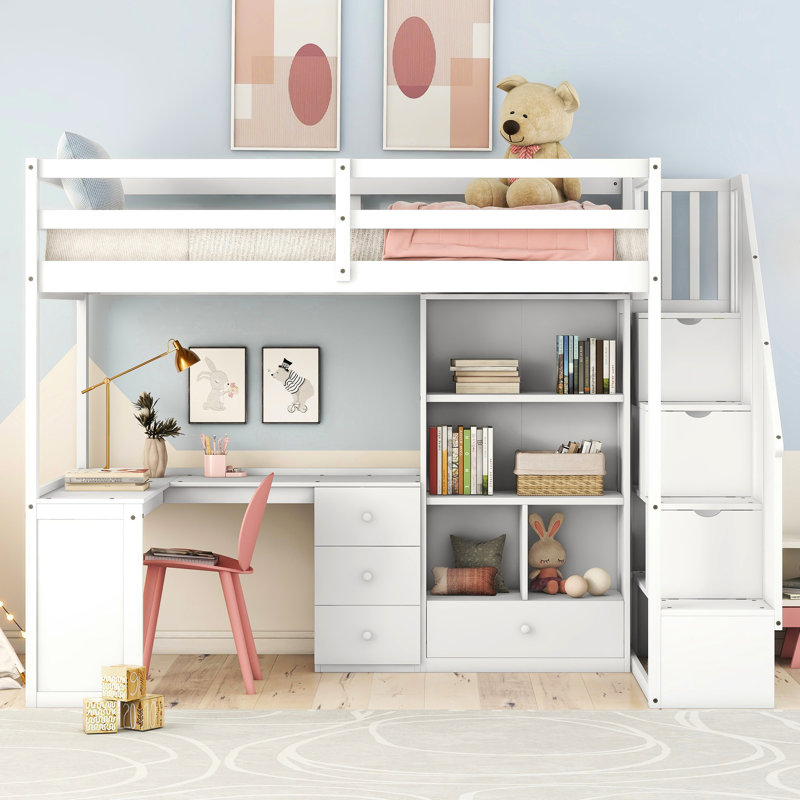 Lit mezzanine blanc simple avec bureau en L, tiroirs, armoire et escalier de rangement - option de chambre à coucher stable