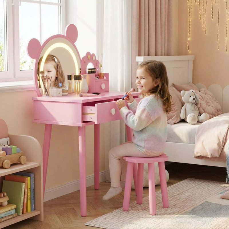 Ensemble de coiffeuse pour enfant en forme d'ours, miroir éclairé, bureau de maquillage en bois Princess, rose, Rose