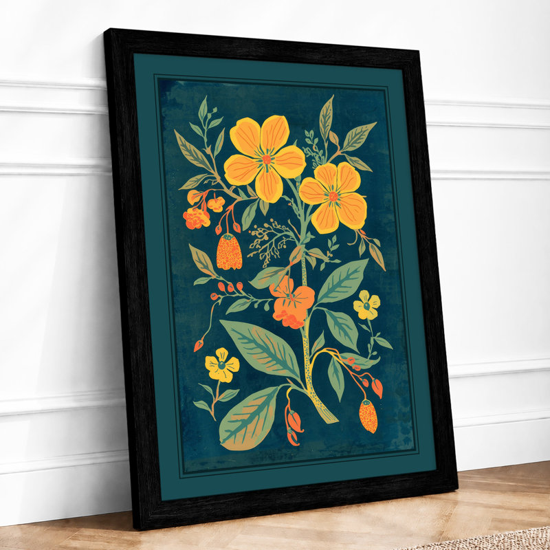 Golden Blooms On Teal Botanical - Print, A1 - 84.1 x 59.4 cm, Black