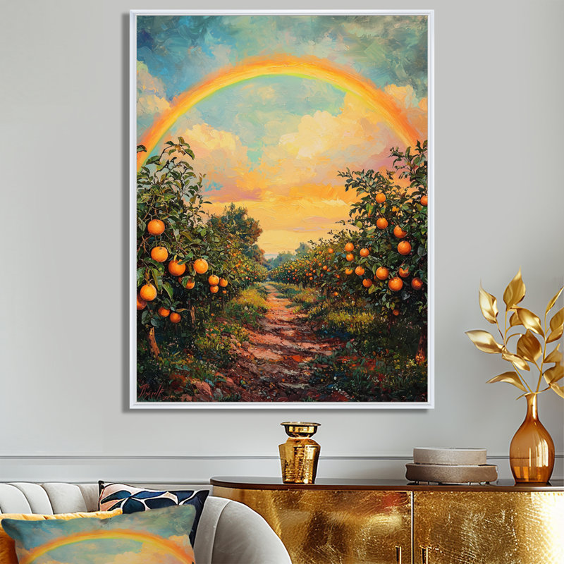 «Countryside Rainbow Over The Orchard I» - art mural arc-en-ciel, H 44 po x l 34 po, Reproduction avec cadre flottant, Blanc