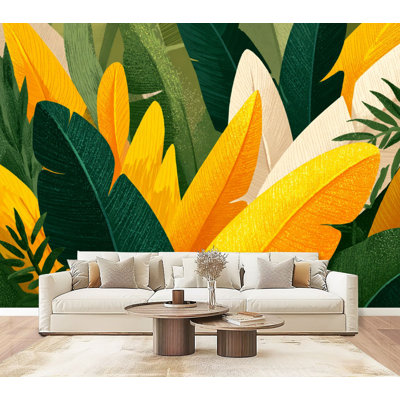 Papier peint adhésif feuille d'or feuille tropicale dorée abstraite grande chambre à coucher feuilles de bananier murales tropicales H 69 po x l 96 po amovible papier adhésif mural en PVC pour le salon de la chambre bureau à domicile