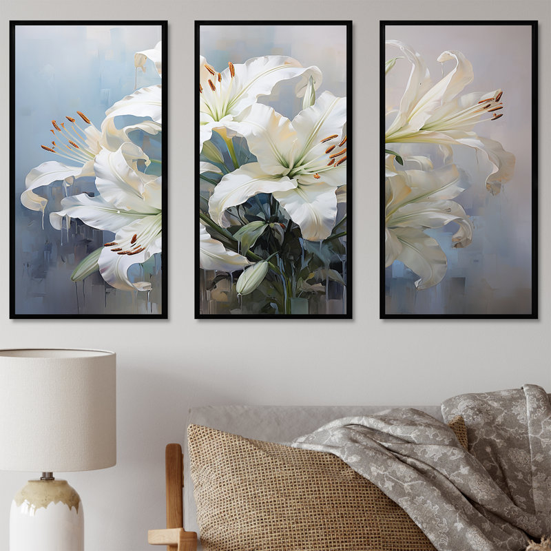 «White Lilies In Bloom Beauty» - ensemble d'art mural sur toile, H 28 po x l 36 po x P 1 po, Cadre flottant noir