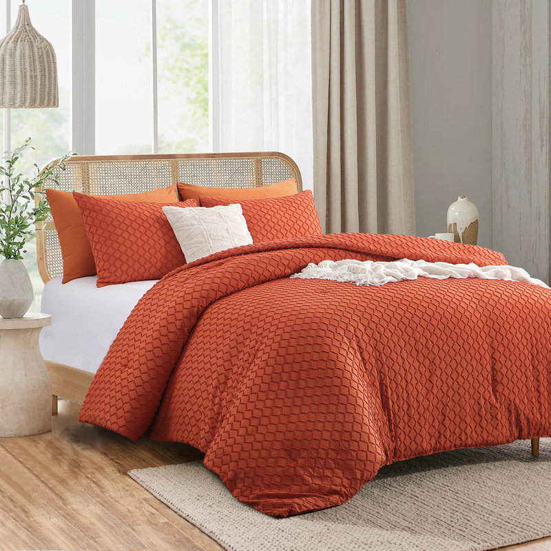 Ensemble d'édredon en jacquard et capitonné Suniya, Édredon pour lit simple + 1 taie décorative stan, Orange