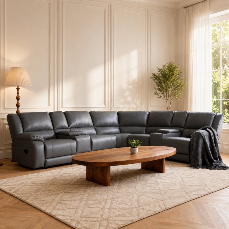Canapé modulaire réversible inclinable en similicuir 5 places avec 2 consoles et 4 porte-gobelets, Grey