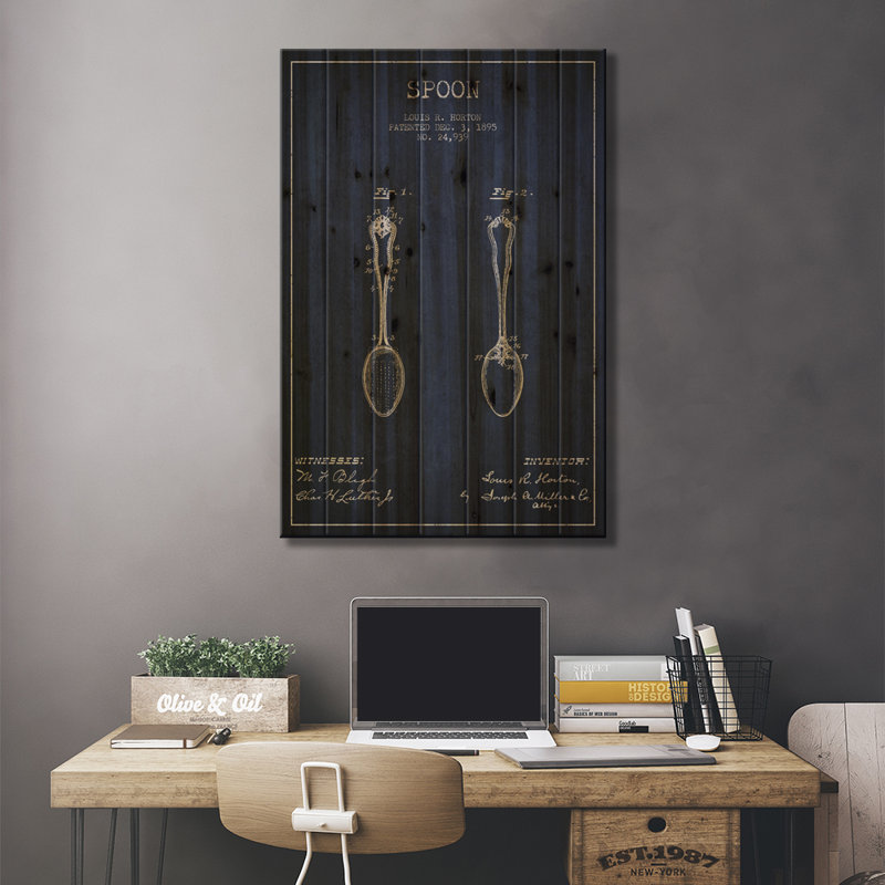 «Spoon», bleu marine, brevet sur plan imprimé sur bois par Pixel Aged, H 26 po x l 18 po x P 1,5 po