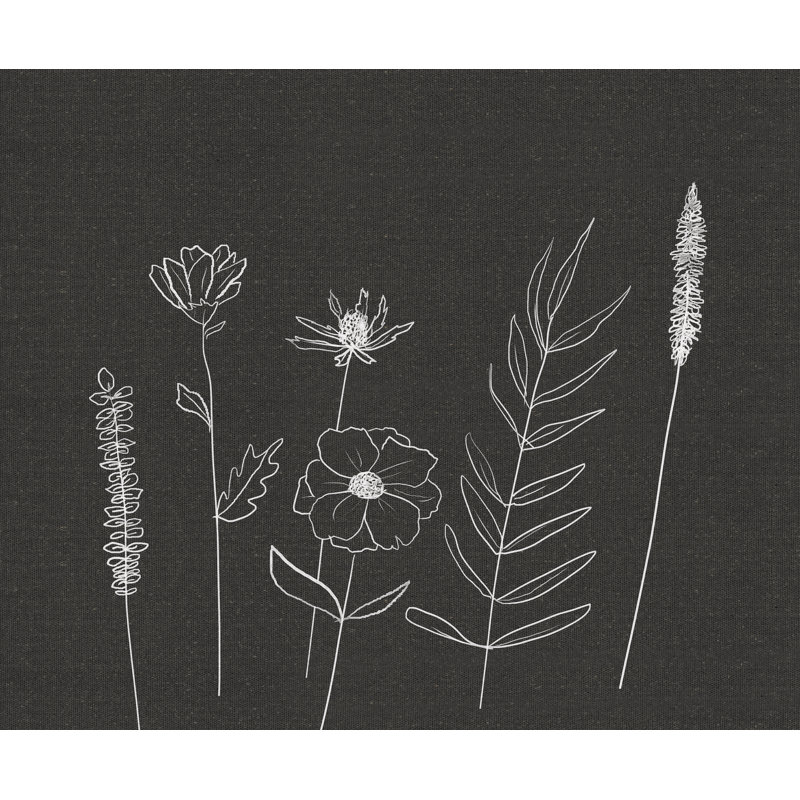 Fleurs blanches dessinées à la main sur lin foncé - impression sur toile tendue, H 24 po x l 36 po