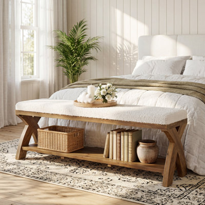 Banc de bout 55 po en bois massif avec tablette de rangement, banc de salle à manger rembourré Farmhouse