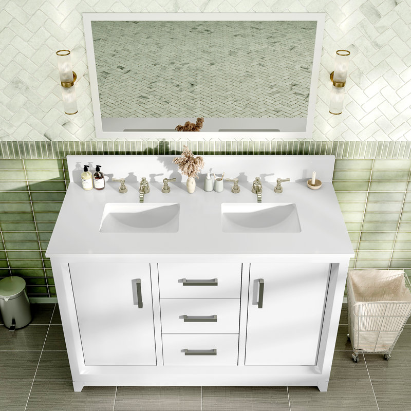 Ensemble de meuble-lavabo à double cuve avec plateau en marbre satiné 48 po Sataria, Blanc