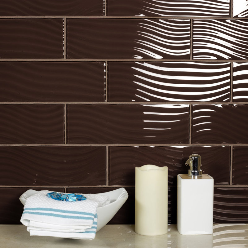 Pacific 4 in. x 12 in. Textured Glass Straight Edge Subway Decorative Kitchen & Bathroom Wall Tile, Cola